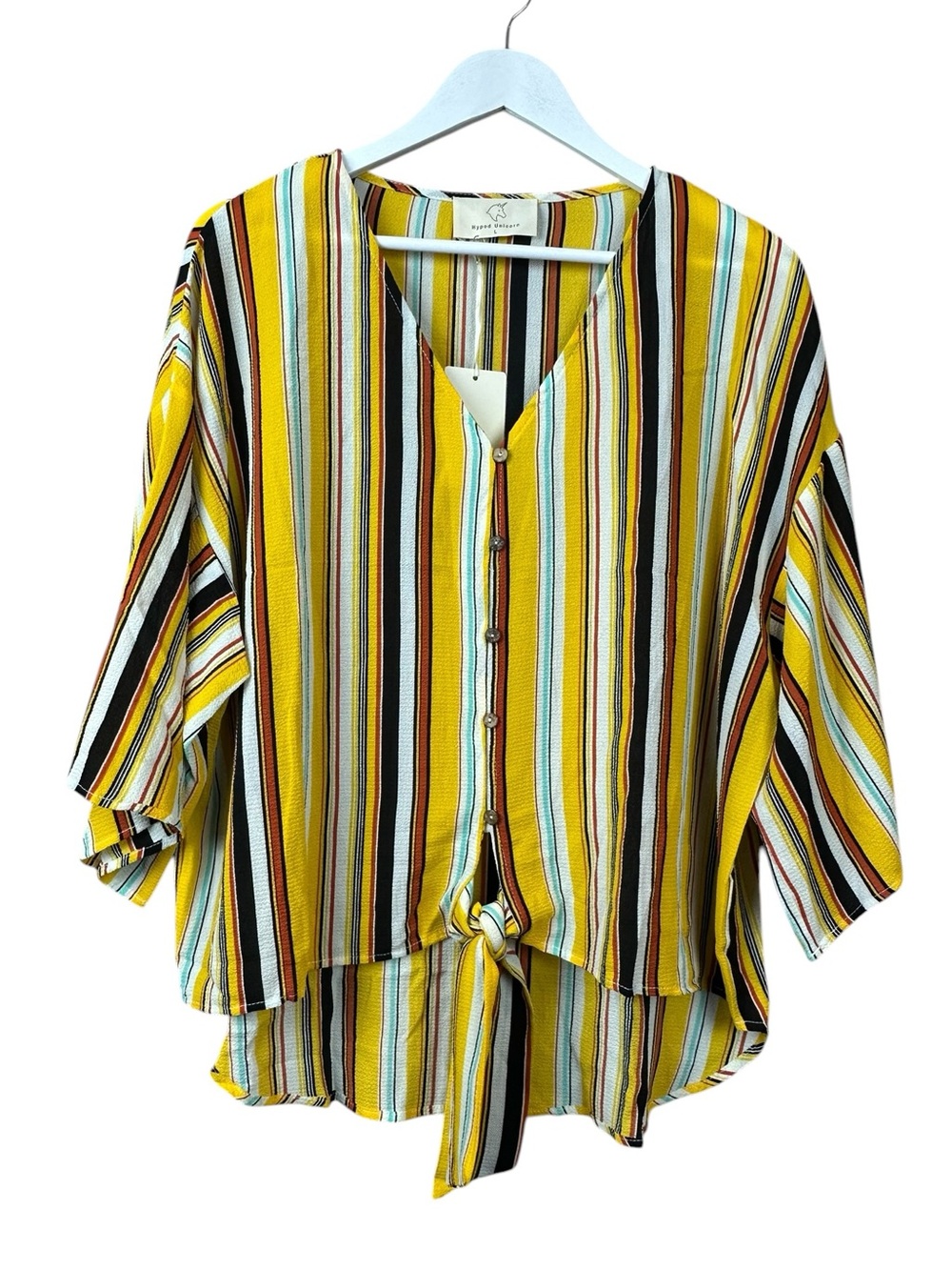 Hyped Unicorn Stripe Crop Tie Blouse Women Sz L NWT
